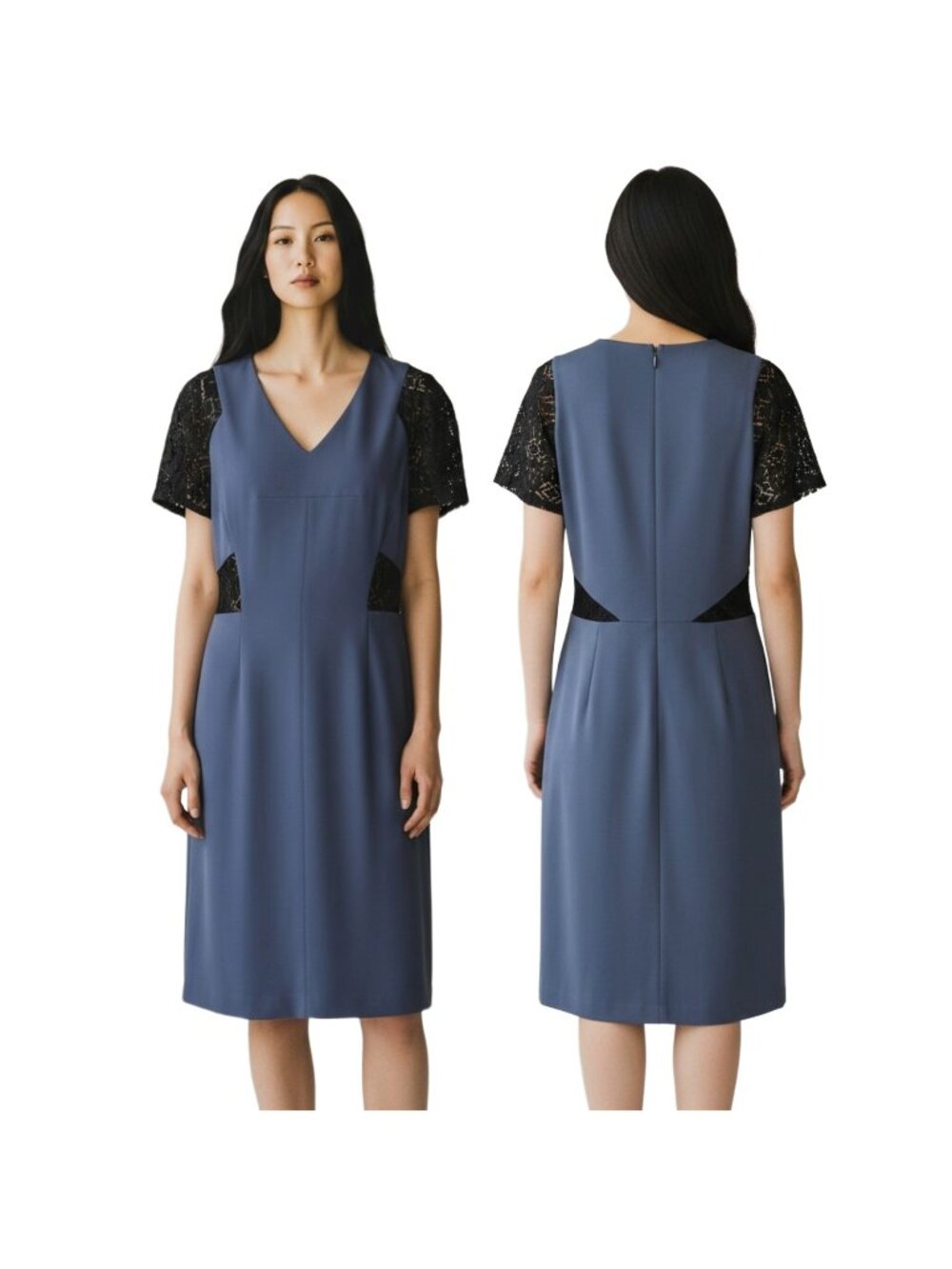 Rebecca Taylor Dress Womens 6 Blue Lace V Neck Sheath Puff Sleeve Colorblock